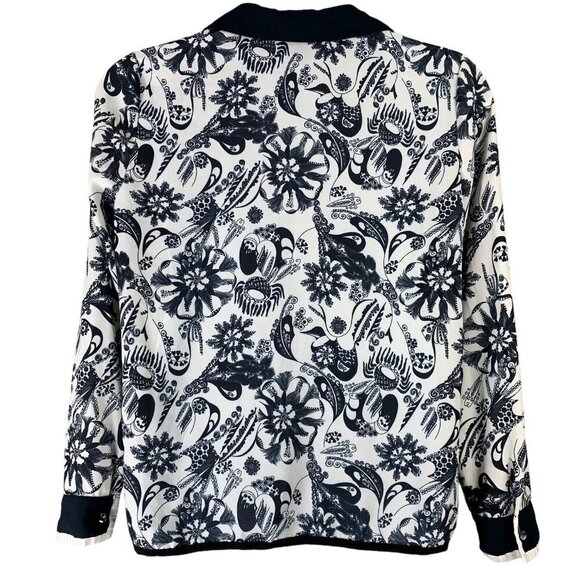 Modcloth Size Large Blouse Button Front Semi Sheer Black White Floral Print Top - Picture 2 of 5